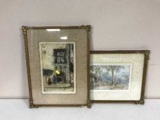 A box of assorted pictures and prints - signed colour etching Old house Coris by Margaret Oulton,