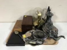 A tray of 20th century plated tea service, plated cutlery, mahogany table box containing keys,