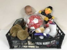 A box of soft toys, doll's, assorted DVDs, iron,