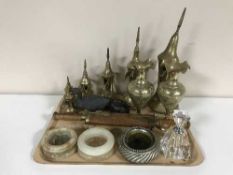 A tray of six graduated brass ewers, pair of plated vases, marble ash trays,