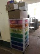 A quantity of tills rolls, plastic crate of utensils, chef's knives,