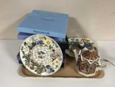 A tray of Sadler teapot, Maling lustre dish, ten boxed plates - Ringtons, Wedgwood etc,