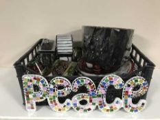 Two boxes of Yankee Candle burners, mantel clocks, throws,