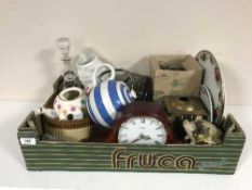 Two boxes of china, mantel clock, glass ware, Golly, inspection lamp,