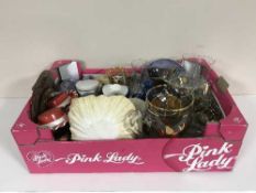 A box of assorted glass ware, pottery whiskey jug, character jug, lustre jug,