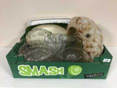 A box of glass ware and trays plus an Art Deco glass light fitting