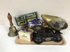 A set of vintage Salter scales with weights, hand bell, serving tray,