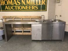 A large stainless steel double sink with storage below