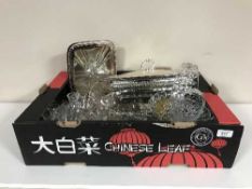 A box of assorted glass ware, lidded tureens,