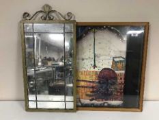 A quantity of continental school oils and prints and a metal framed mirror