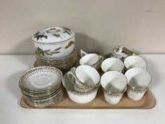 A tray of Royal Chelsea tea service, Royal Worcester oven dish, Royal Albert sugar basin,