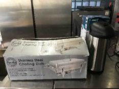 A boxed stainless steel chafing dish and two coffee dispensers