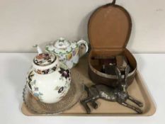 A tray of antique Carlton Ware teapot, Masons Mandarin ginger jar, jubilee glass plate,