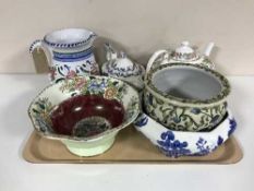 A tray of Maling Peony rose bowl, willow pattern bowl, Ringtons teapot,