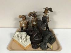 A tray of three wooden figures of Cavalier's, resin figure The Lovers,