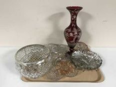 An antique ruby tinted Bohemian glass vase with wheel etched decoration, a/f,
