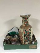 Two boxes of oriental and pottery vases, large hand fan,
