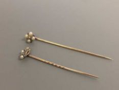 Two antique gold pins set with diamonds and pearls