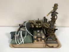 A tray of three piece plated tea service, plated table lamp, lighters,