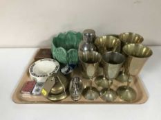 A tray of pub ash trays, pocket and table lighters, desk bell, goblets, cocktail shaker,