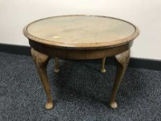 A mahogany leather topped drop end coffee table and glass top coffee table
