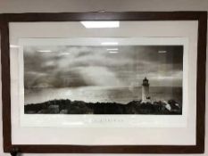 A silver and gilt framed rectangular mirror and framed Alan Majchrowicz print 