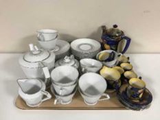 A tray of Tunstall pottery coffee service and a white & silver tea set