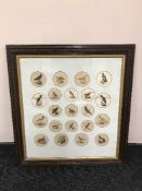 A carved oak framed montage of twenty-one engravings depicting birds