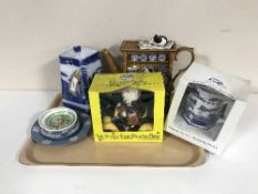 A tray and a box of Ringtons ware, water jug, novelty teapot,
