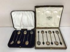 Two sets of six cased sterling silver coffee spoons