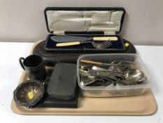 A tray containing cased servers and carving set, set of six cased plated teaspoons, loose cutlery,