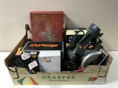 Two boxed Tooltec trestle stands, boxed mitre saw, box of power tools - hand saw, router,