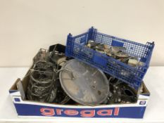 A box and a basket of 20th century plated ware and flat ware