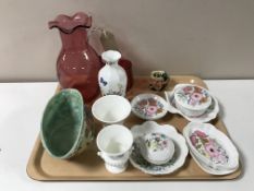 A tray containing Wedgwood Meadow Sweet china, Aynsley Wild Tudor china,