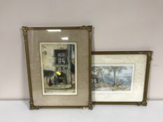 A box of assorted pictures and prints - signed colour etching Old house Coris by Margaret Oulton,