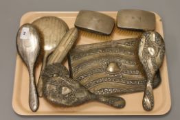 A collection of silver and silver mounted dressing table items including a silver tray (9)