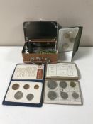 A small tin of coins - Decimal coin wallet, tin of copper farthings, Spanish coins etc.