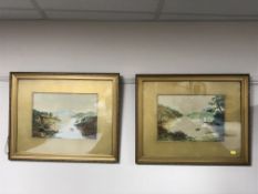 A pair of early 20th century gilt framed watercolours depicting rowing boats on a river