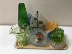 A four-piece cruet set on plated stand together with a quantity of late 20th century glassware