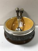 A good quality oak serving bowl and servers with liner and silver plated mounts