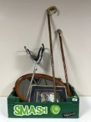 A box of ornate gilt framed mirror, teak mirror, Eastern picture, badger topped walking stick,