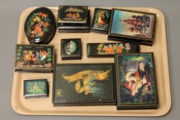 A group of ten Russian fedoskino lacquered trinket boxes