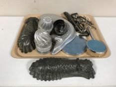 Two trays of leather case of miniature teapots, plated ware, cut throat razor, brushes,