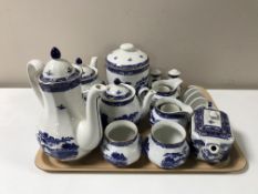 A tray containing a quantity of unboxed Ringtons blue and white Willow pattern china including