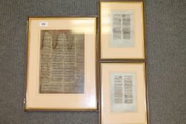An interesting group of three framed illuminated leafs / pages on vellum,
