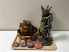 A tray of wooden fruit bowl, biscuit barrel, resin figure of lovers,