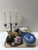A tray containing circular plated gallery tray, three-way plated candelabrum, dog ornaments,