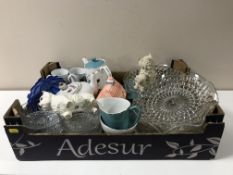 A box containing assorted china and glassware including Beswick dog, coffee service etc,