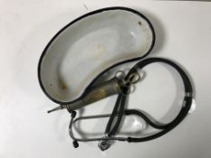 A vintage enamelled doctors dish containing a Microlife stethoscope,