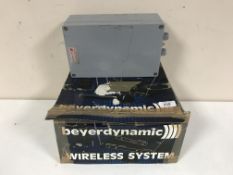 A boxed Beyer electrical microphone and a heavy duty connection box